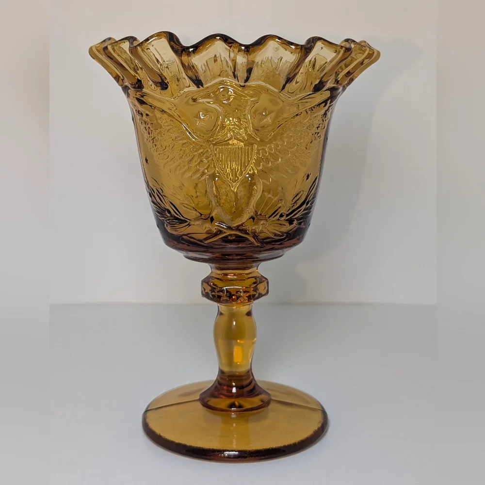 L.E. Smith Amber Federal Heritage Glass Goblet American Eagle MCM Crimped